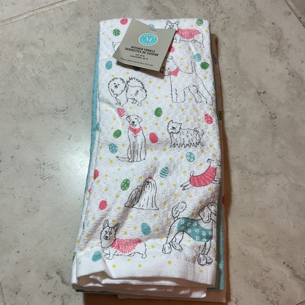 Martha Stewart Easter themed Colorful Dog Print Kitchen Towels NWT set of 3